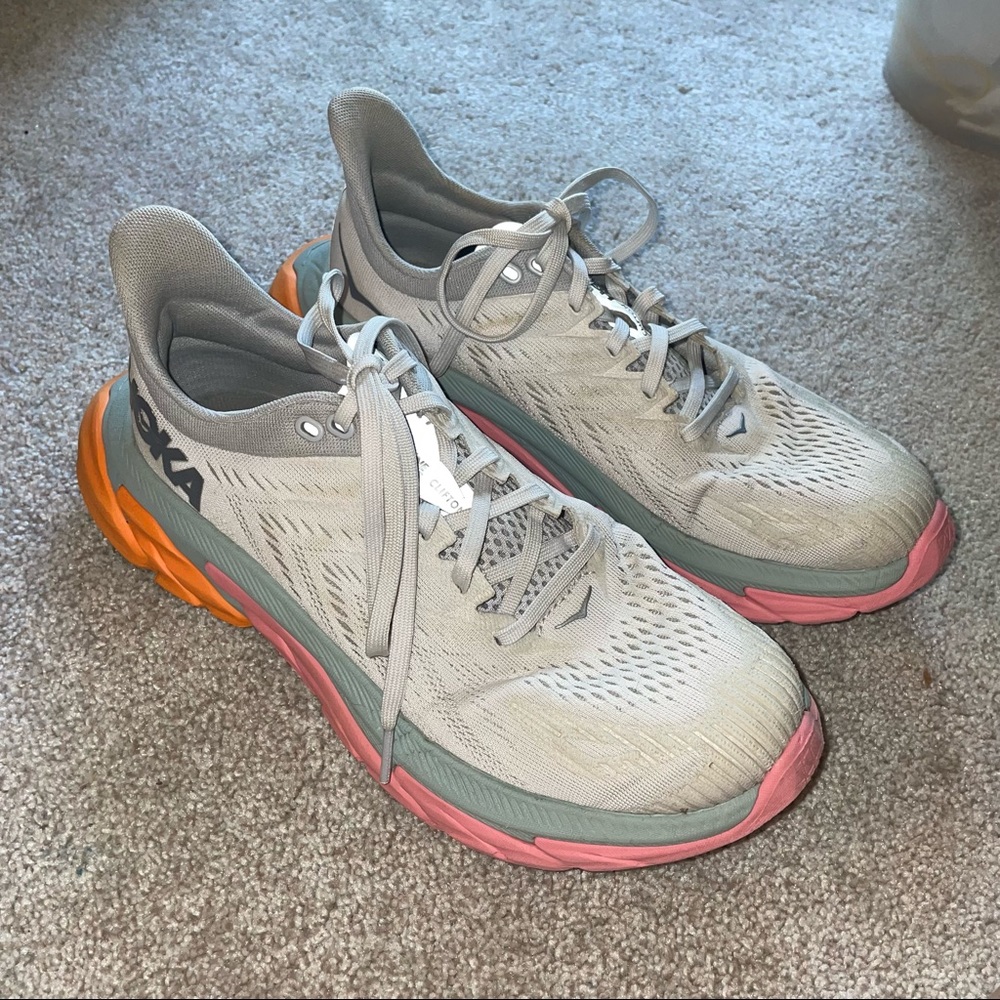 Hoka One One Women's Light Gray Athletic Shoes with Pink and Orange Accents